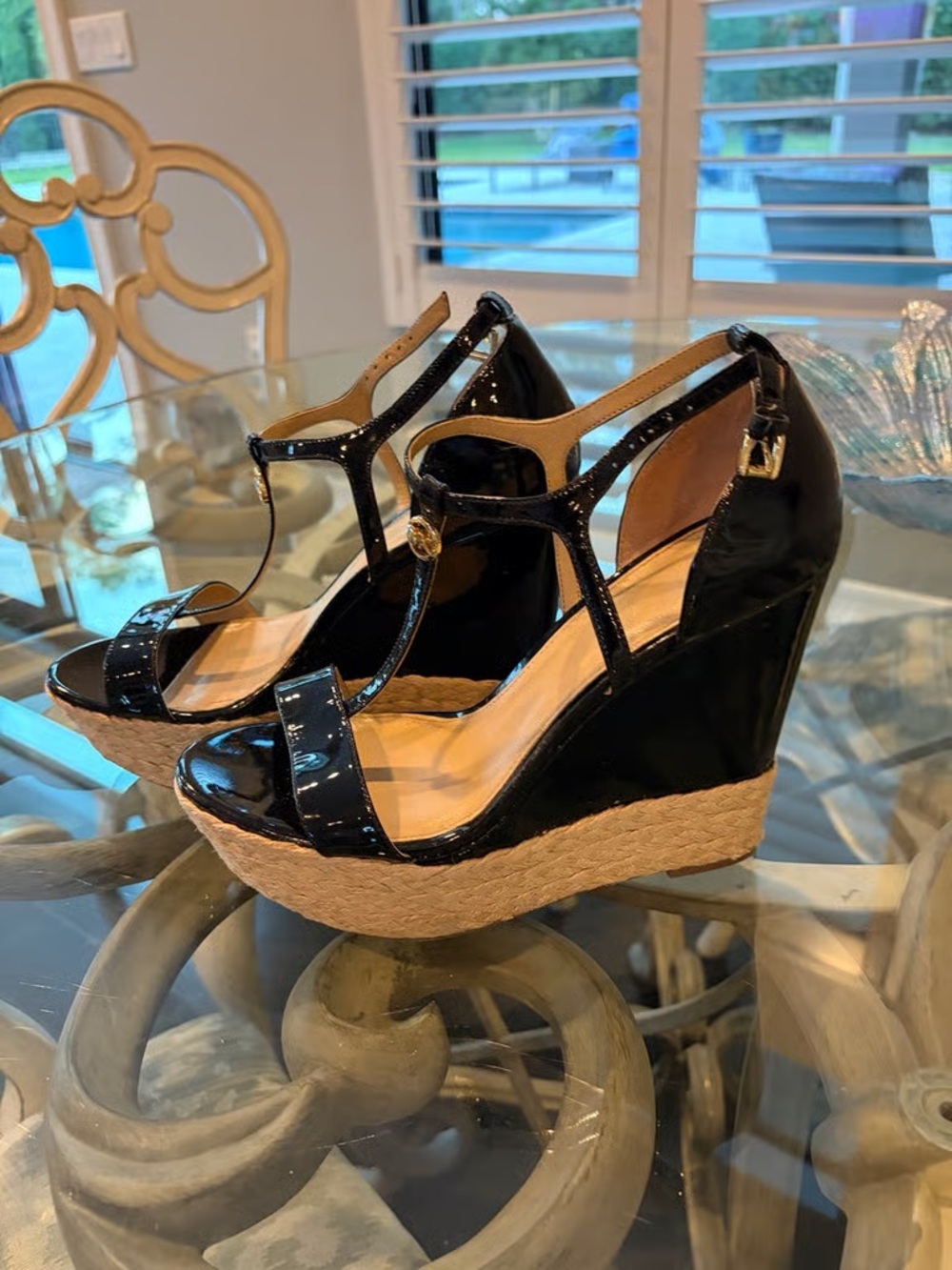 Time and Tru Black Patent T-Strap Espadrille Wedge Sandals